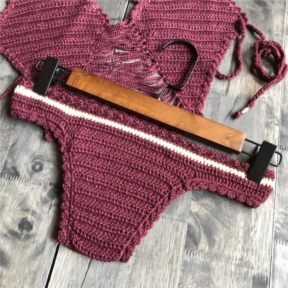 Boho Crochet Burgundy Bikini Set - Picture 4 of 6